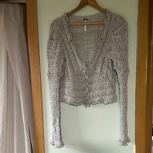 Free People Cropped Gray Ruffled Cardigan Sweater